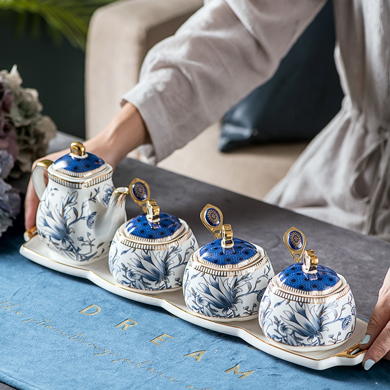 Chinese Household Ceramic Tableware Set Seasoning Box Salt Jar Oil Pot Storage