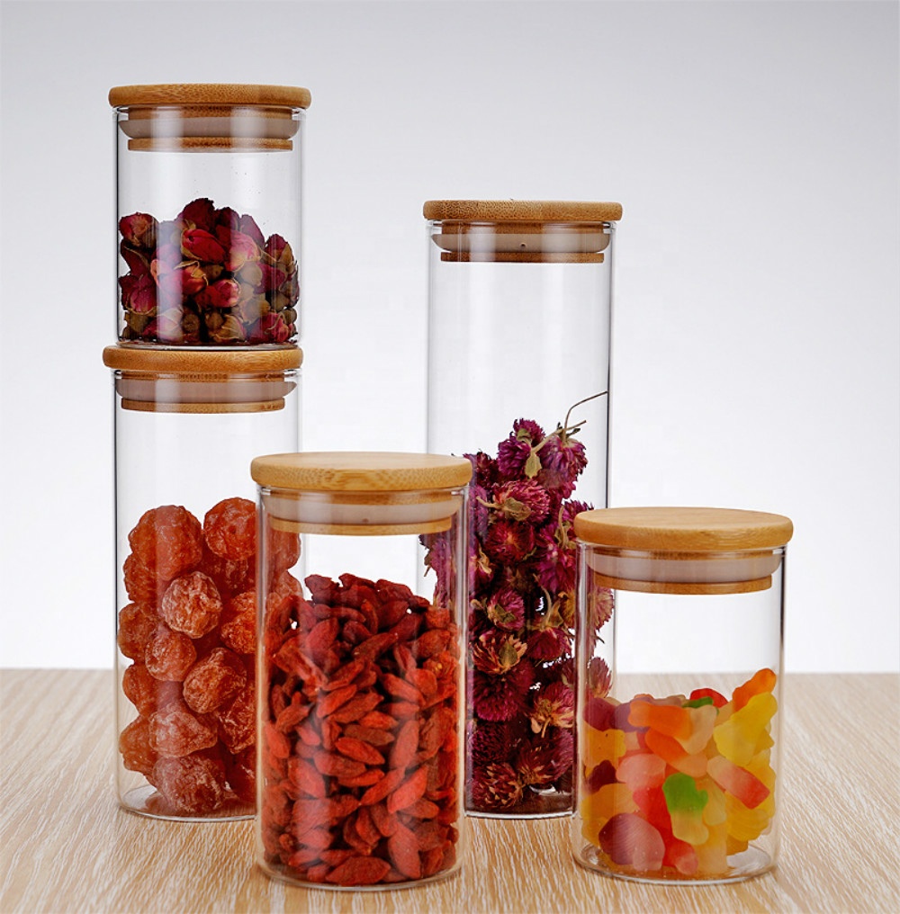 Chinese Professional Supplier Cylindrical Custom Logo Spice Clear Glass Jar with Bamboo Lid Storage