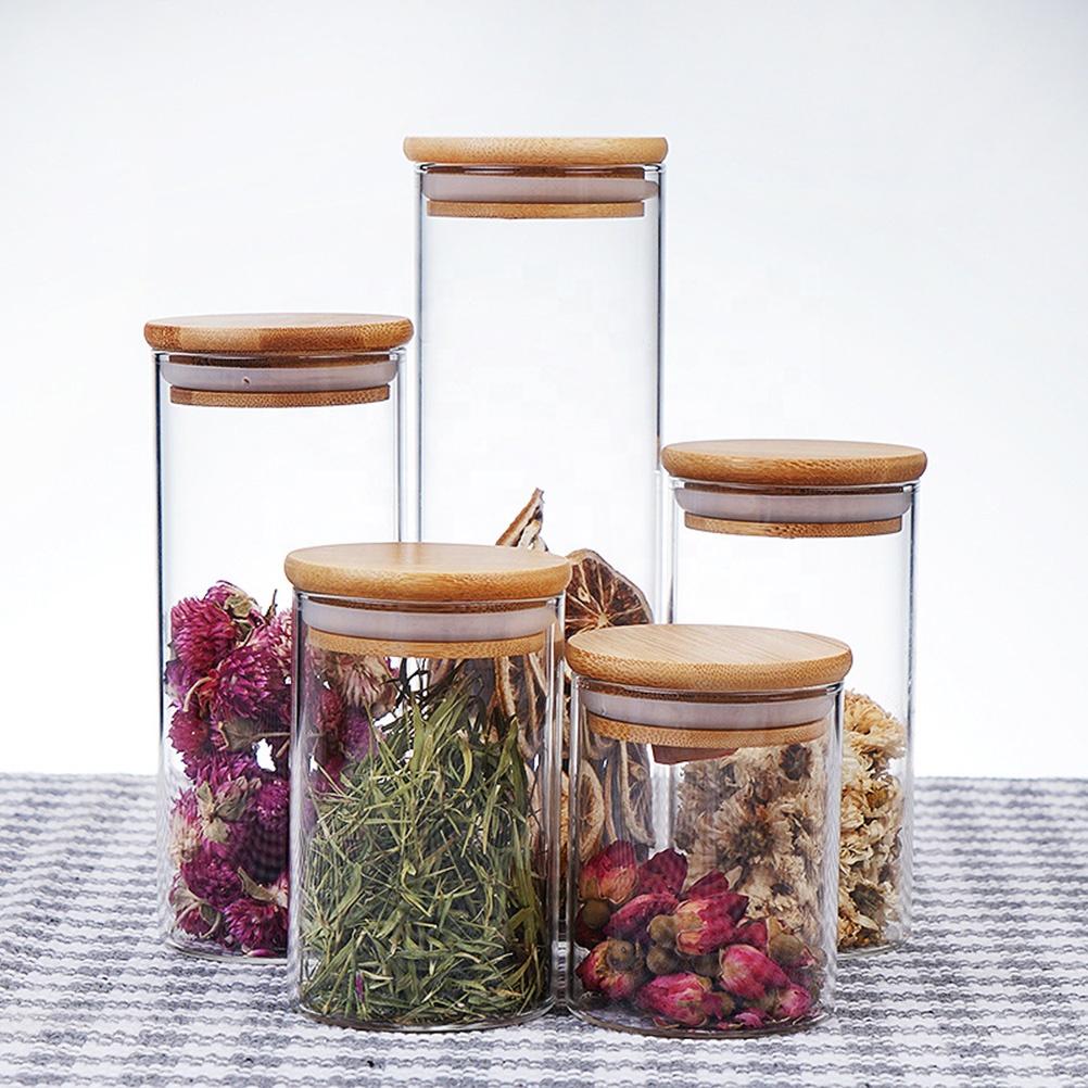 Chinese Professional Supplier Cylindrical Custom Logo Spice Clear Glass Jar with Bamboo Lid Storage