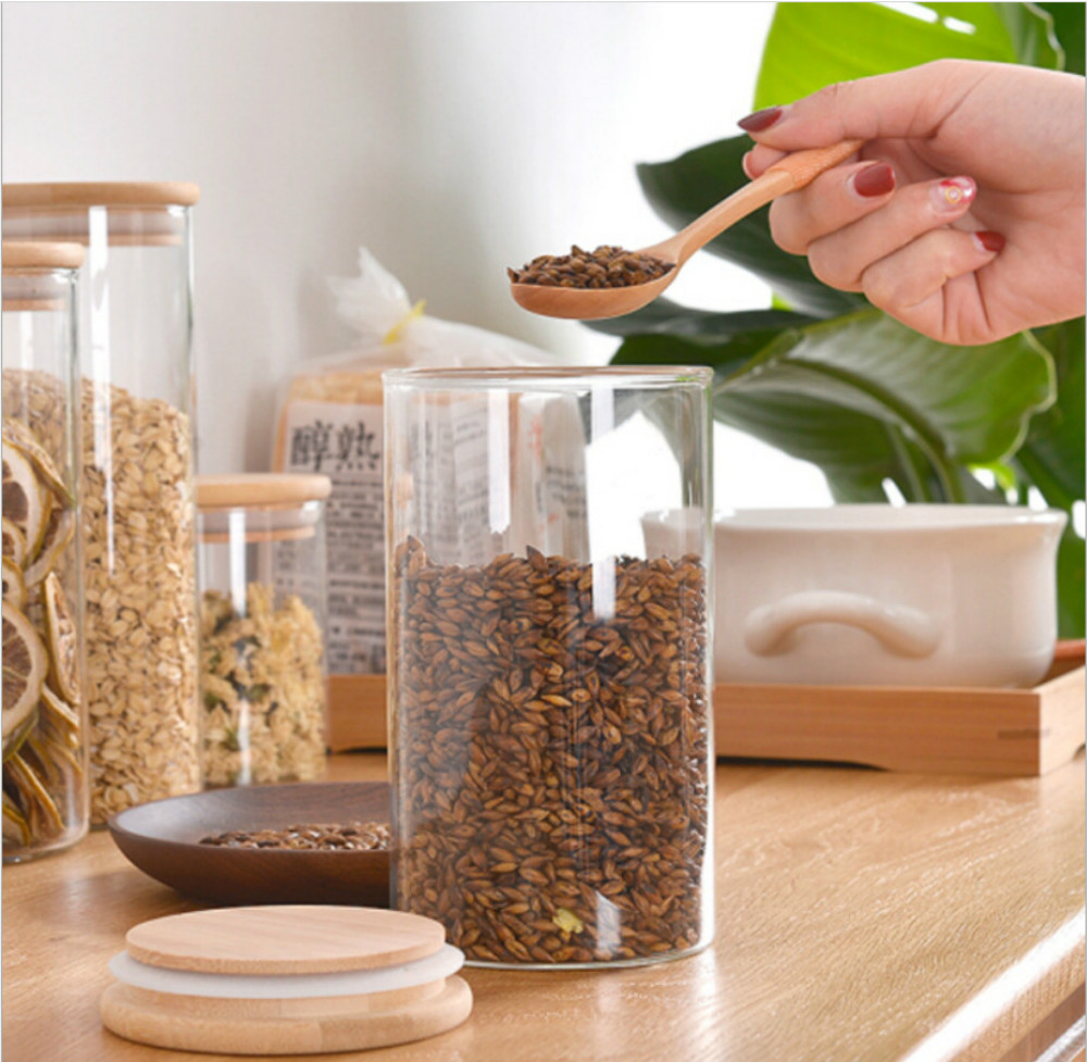Chinese Professional Supplier Cylindrical Custom Logo Spice Clear Glass Jar with Bamboo Lid Storage