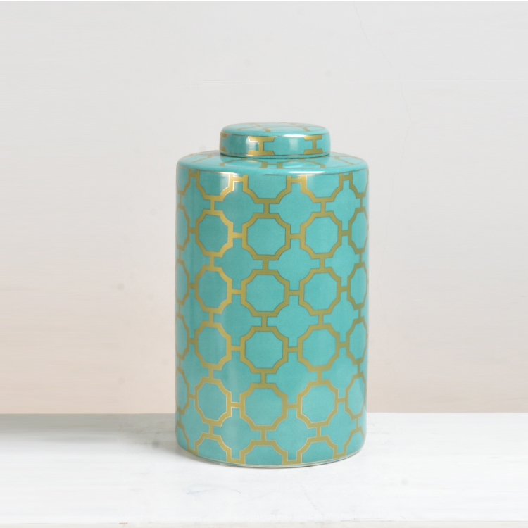 Chinese storage container white canister green decoration ceramic jar