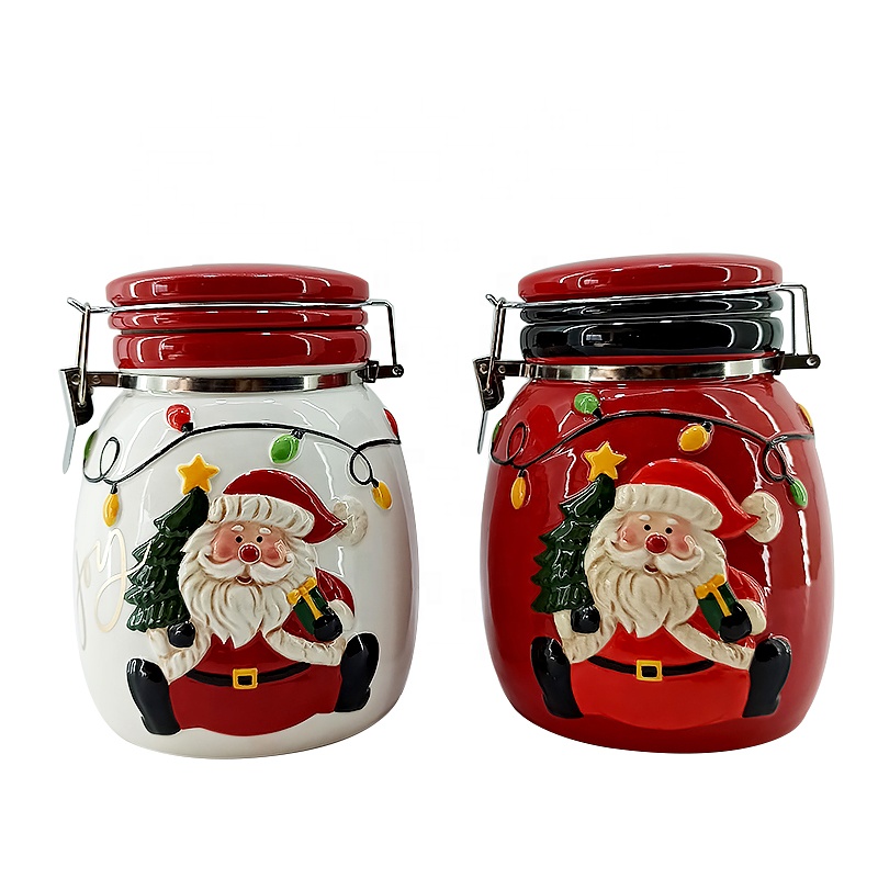 Christmas style Ceramic seal pot airtight canister Santa Design food storage jar with seal lids and metal clip