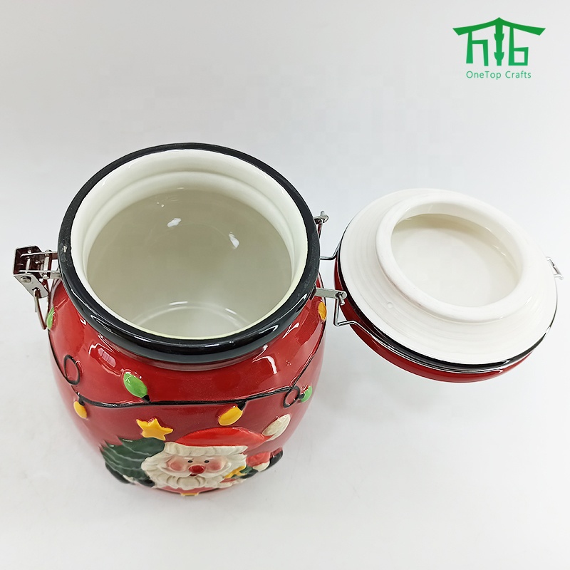 Christmas style Ceramic seal pot airtight canister Santa Design food storage jar with seal lids and metal clip