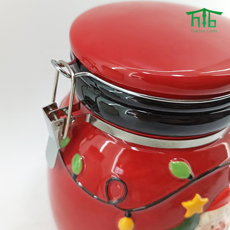 Christmas style Ceramic seal pot airtight canister Santa Design food storage jar with seal lids and metal clip