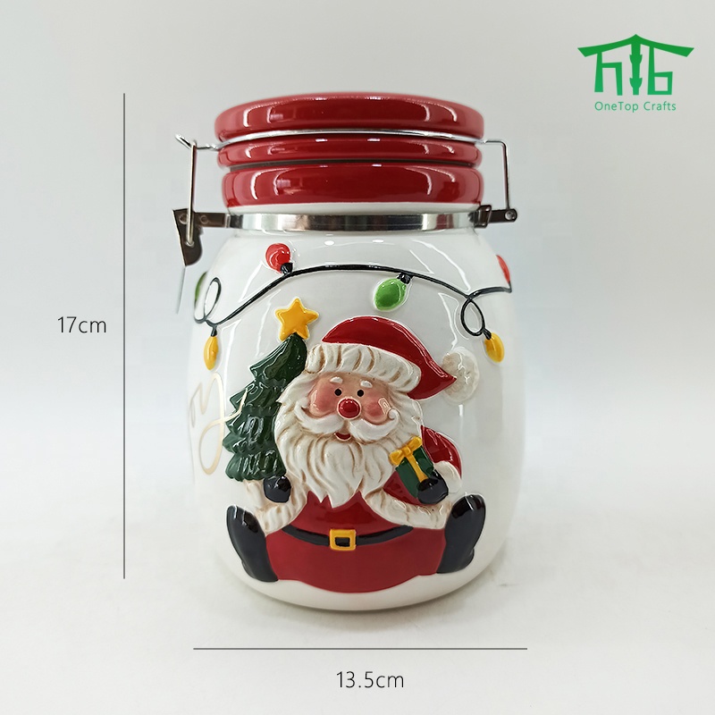 Christmas style Ceramic seal pot airtight canister Santa Design food storage jar with seal lids and metal clip