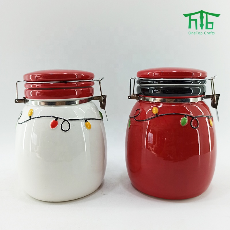Christmas style Ceramic seal pot airtight canister Santa Design food storage jar with seal lids and metal clip