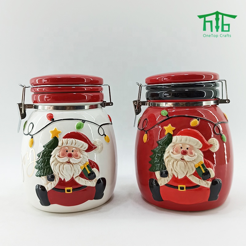 Christmas style Ceramic seal pot airtight canister Santa Design food storage jar with seal lids and metal clip