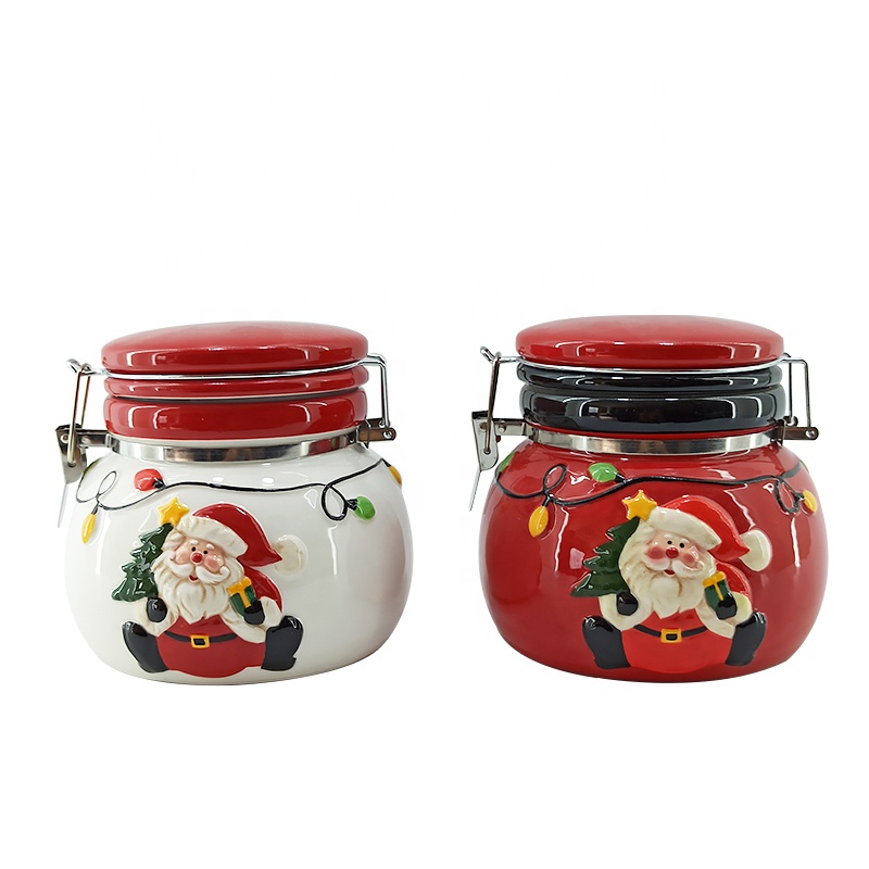 Christmas style Hand Painting Ceramic seal pot airtight canister Santa Design food storage jar with seal lids and metal clip