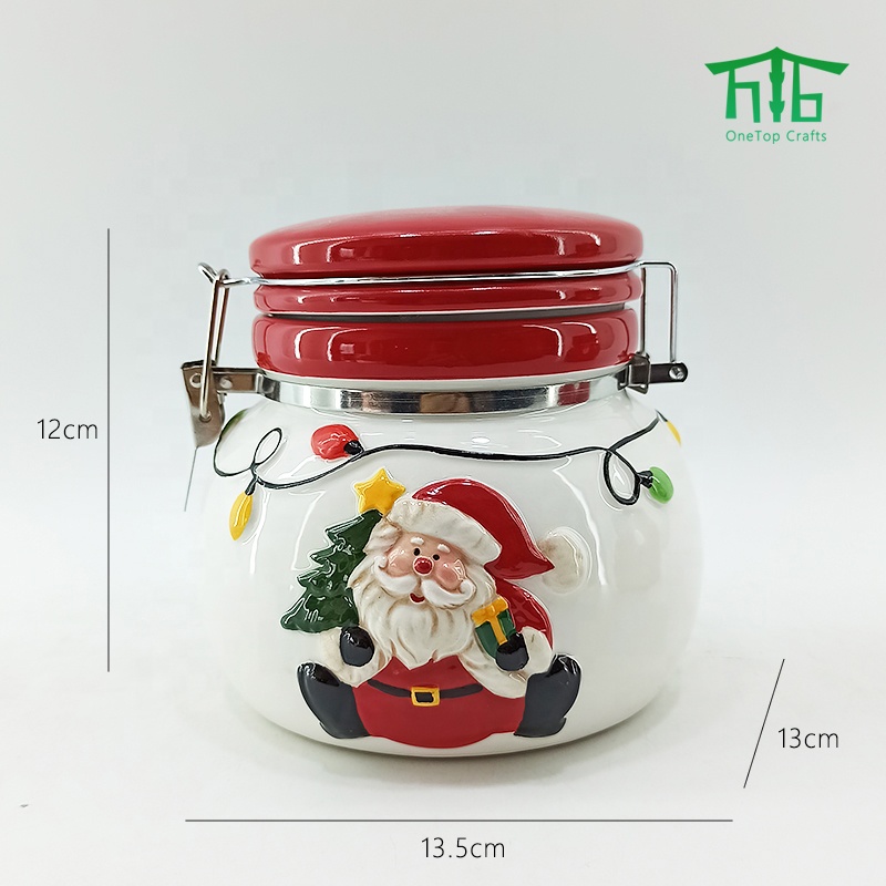 Christmas style Hand Painting Ceramic seal pot airtight canister Santa Design food storage jar with seal lids and metal clip