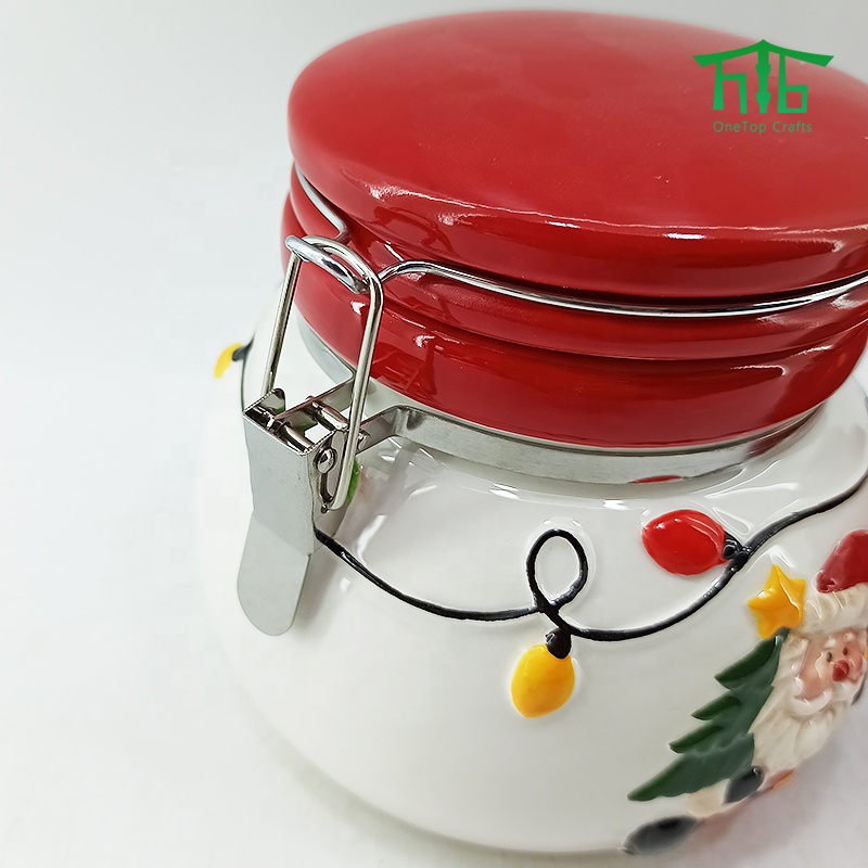 Christmas style Hand Painting Ceramic seal pot airtight canister Santa Design food storage jar with seal lids and metal clip