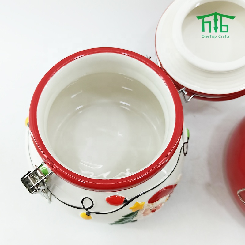 Christmas style Hand Painting Ceramic seal pot airtight canister Santa Design food storage jar with seal lids and metal clip