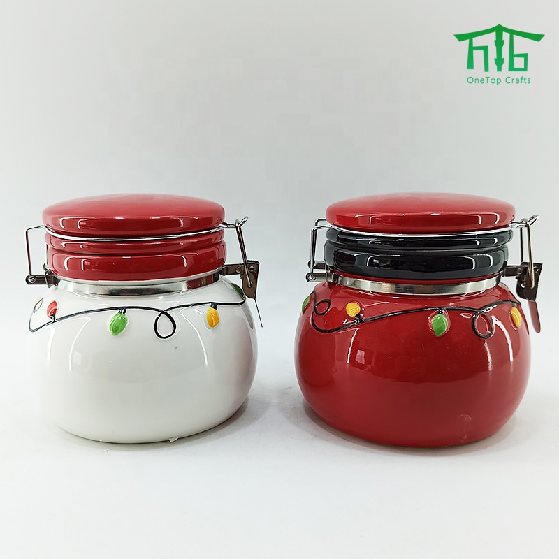 Christmas style Hand Painting Ceramic seal pot airtight canister Santa Design food storage jar with seal lids and metal clip