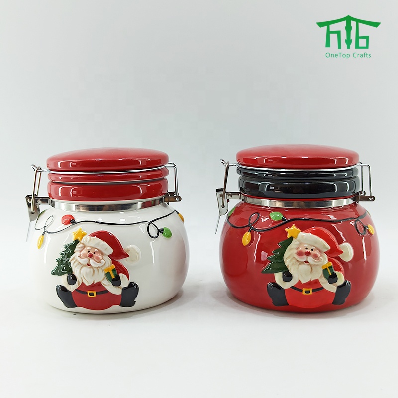 Christmas style Hand Painting Ceramic seal pot airtight canister Santa Design food storage jar with seal lids and metal clip