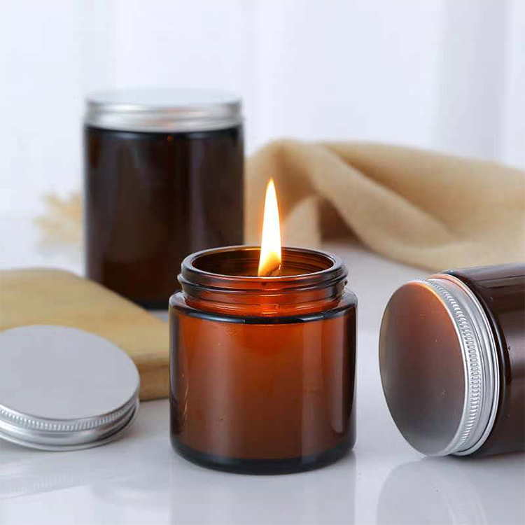 Christmas vintage empty wide mouth cylinder amber glass candle jars with metal lid