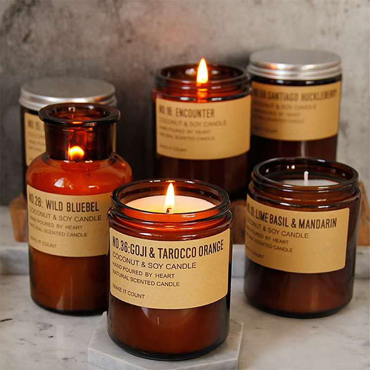 Christmas vintage empty wide mouth cylinder amber glass candle jars with metal lid