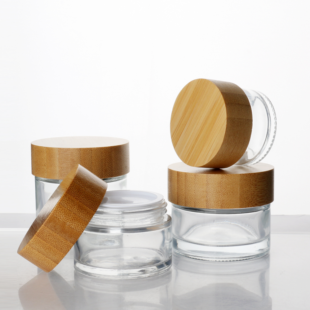 Chunbai 1oz 2oz 3oz 4oz 5oz 6oz CBD glass jar containers bamboo cream jar frosted glass jar with bamboo lid free sample