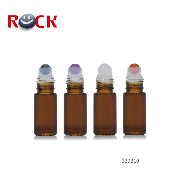 Classic 5ml Amber Glass Empty Roll On Bottle With Gemstone Ball and Black Plastic Cap