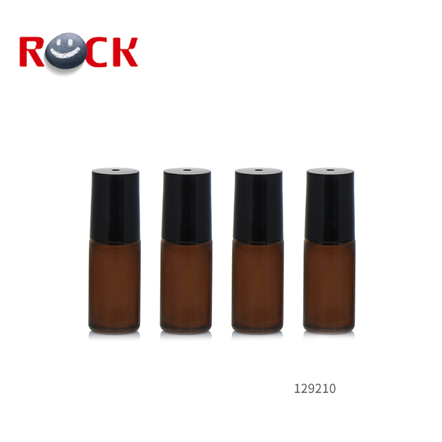 Classic 5ml Amber Glass Empty Roll On Bottle With Gemstone Ball and Black Plastic Cap