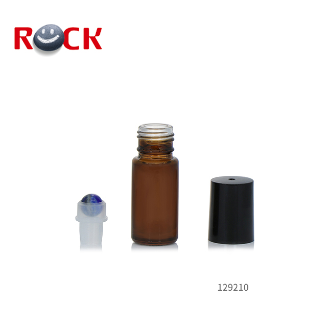 Classic 5ml Amber Glass Empty Roll On Bottle With Gemstone Ball and Black Plastic Cap