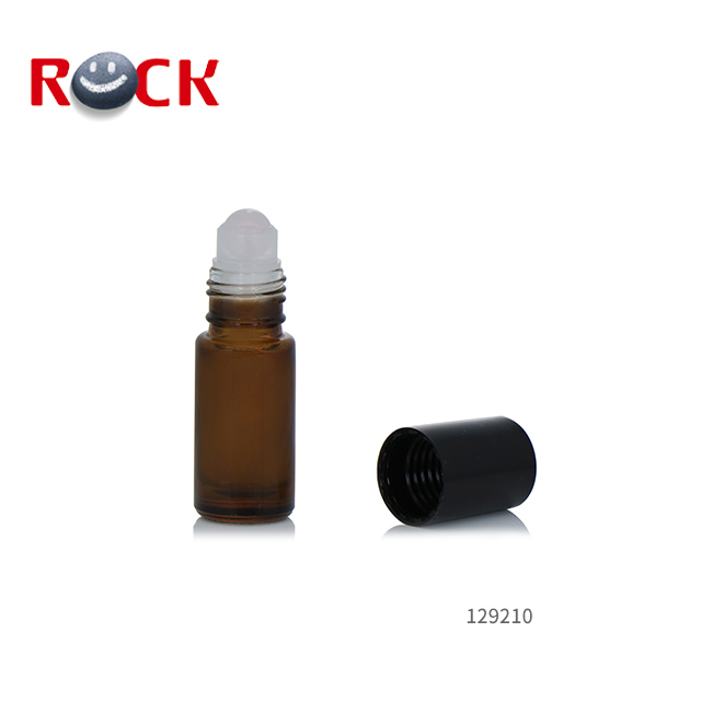 Classic 5ml Amber Glass Empty Roll On Bottle With Gemstone Ball and Black Plastic Cap