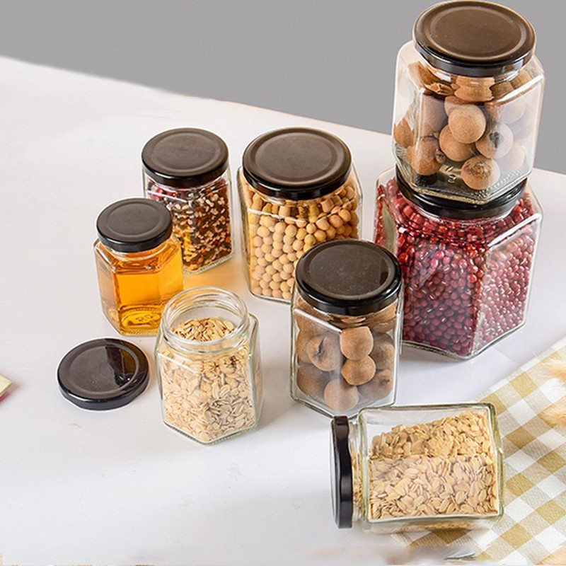 Classic Hexagon Glass Honey Jar For Pickles Jam Jelly Jars With Tinplate Metal Lid For Food Storage