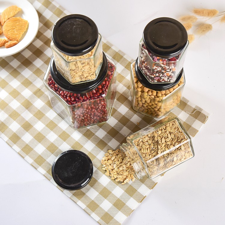 Classic Hexagon Glass Honey Jar For Pickles Jam Jelly Jars With Tinplate Metal Lid For Food Storage