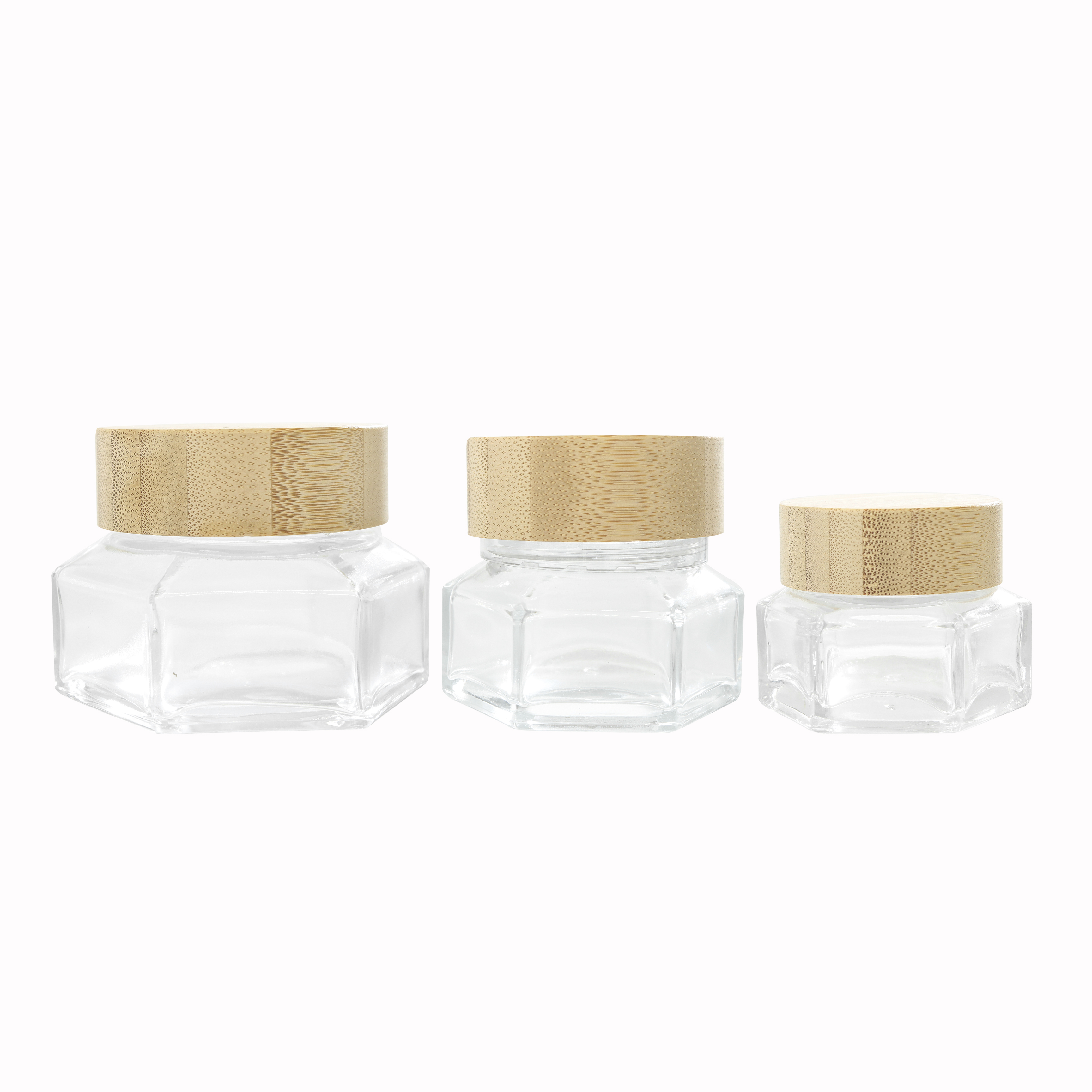 Classic Polygon Shape Small Capacity High Quality Glass Jar with Wooden Lid Special Design for Beauty Cream