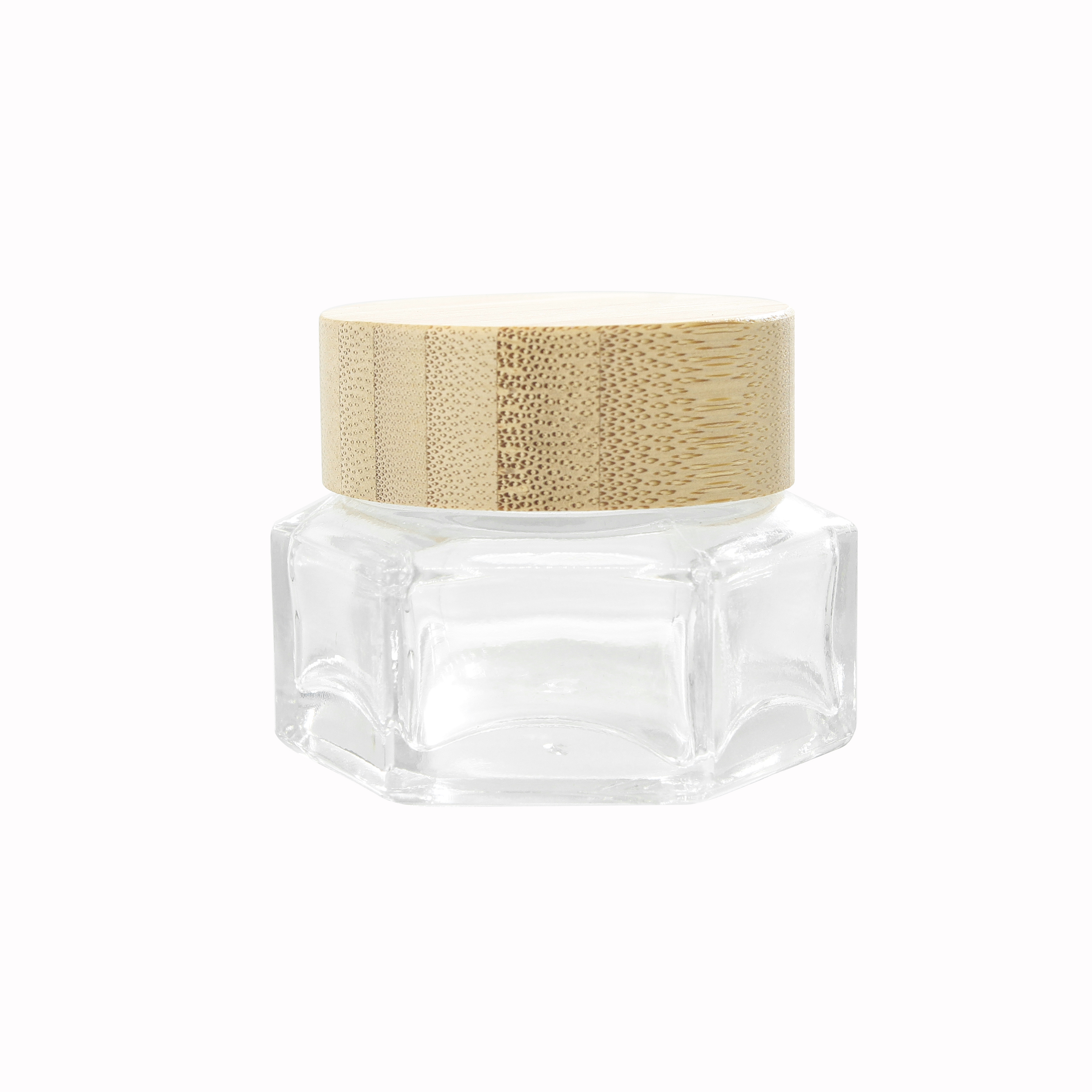 Classic Polygon Shape Small Capacity High Quality Glass Jar with Wooden Lid Special Design for Beauty Cream