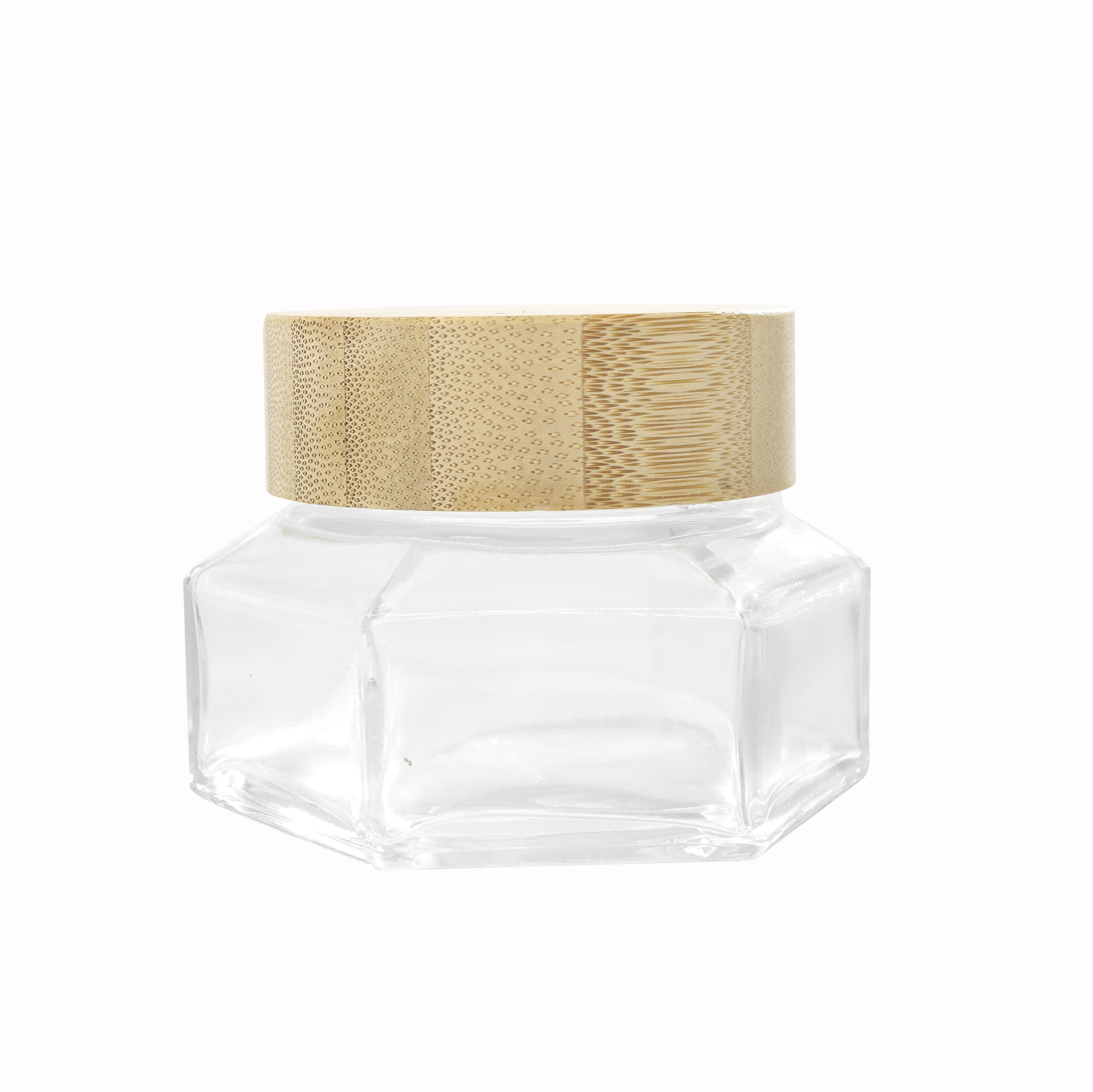 Classic Polygon Shape Small Capacity High Quality Glass Jar with Wooden Lid Special Design for Beauty Cream
