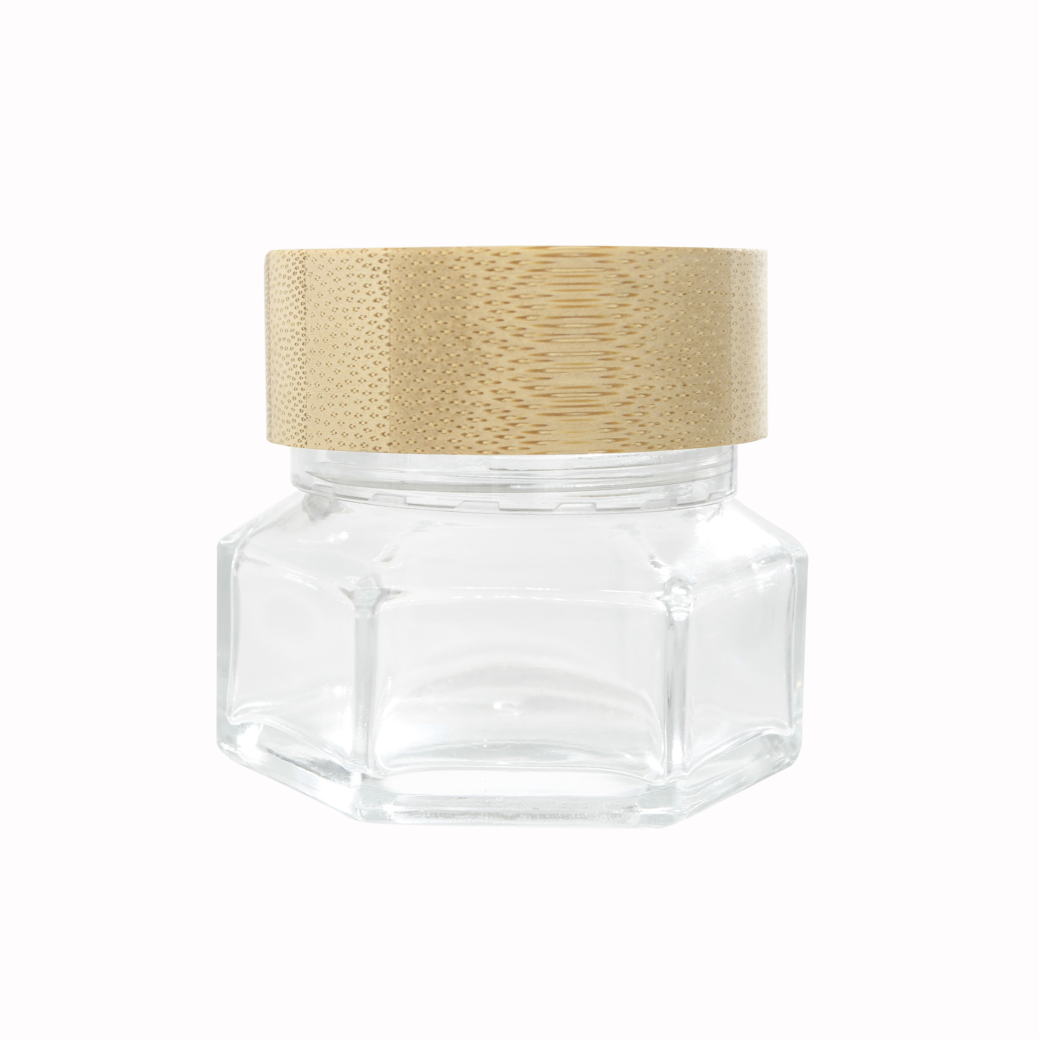 Classic Polygon Shape Small Capacity High Quality Glass Jar with Wooden Lid Special Design for Beauty Cream