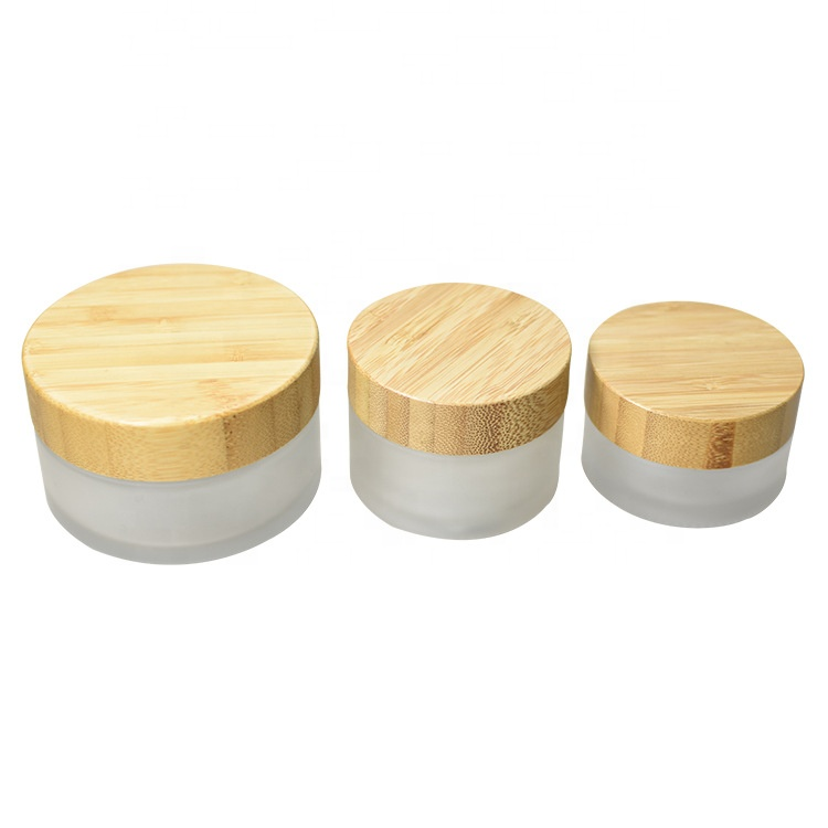 Classic cosmetic frosted glass cream jar with bamboo wood lid 30g 50g 100g
