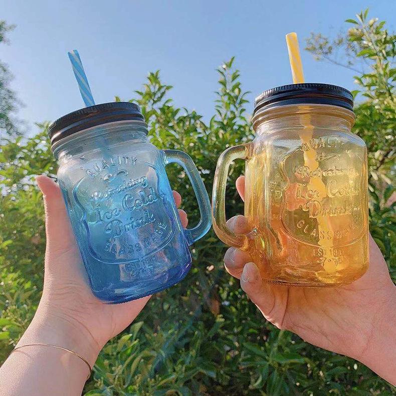 Classical 500ml glass juice mason jar and bottle with tin lid and straw clear glass bottle