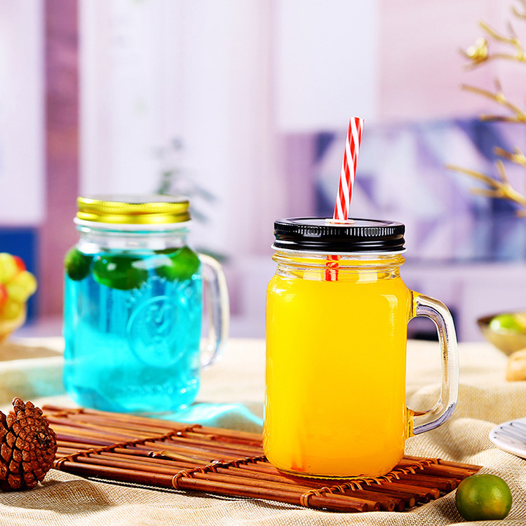 Classical 500ml glass juice mason jar and bottle with tin lid and straw clear glass bottle