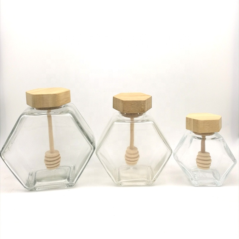 Clear 100ml 220ml 380ml hexagon glass honey pot jar storage bottle with wooden bamboo lid dipper bee