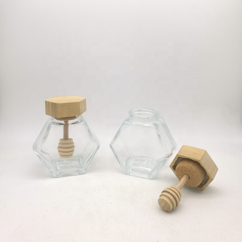 Clear 100ml 220ml 380ml hexagon glass honey pot jar storage bottle with wooden bamboo lid dipper bee
