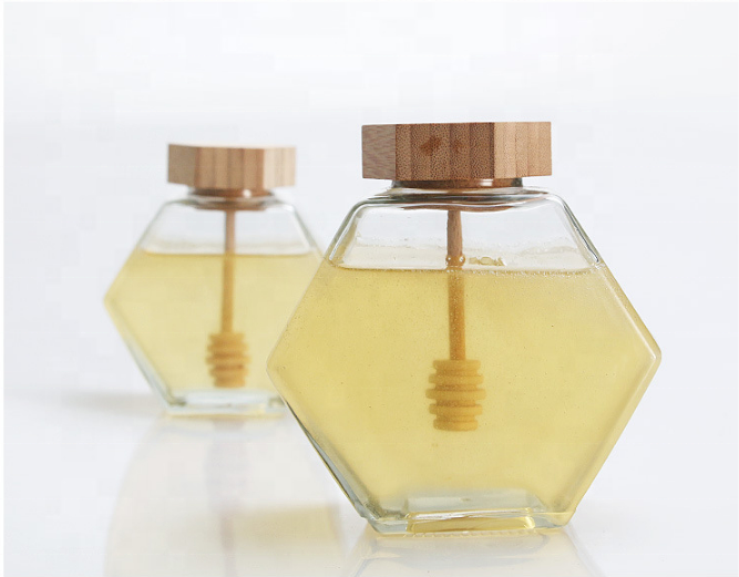 Clear 100ml 220ml 380ml hexagon glass honey pot jar storage bottle with wooden bamboo lid dipper bee