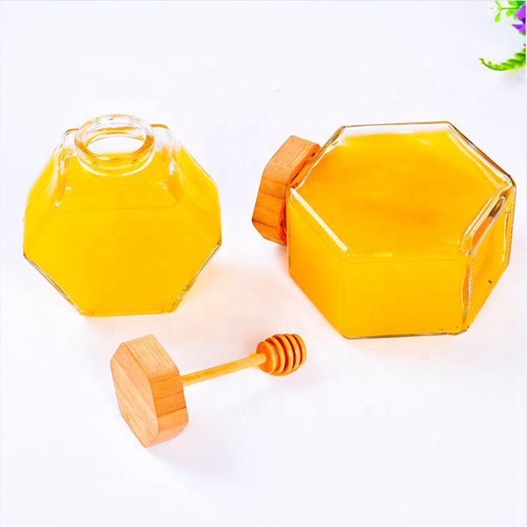 Clear 100ml 220ml 380ml hexagon glass honey pot jar storage bottle with wooden bamboo lid dipper bee