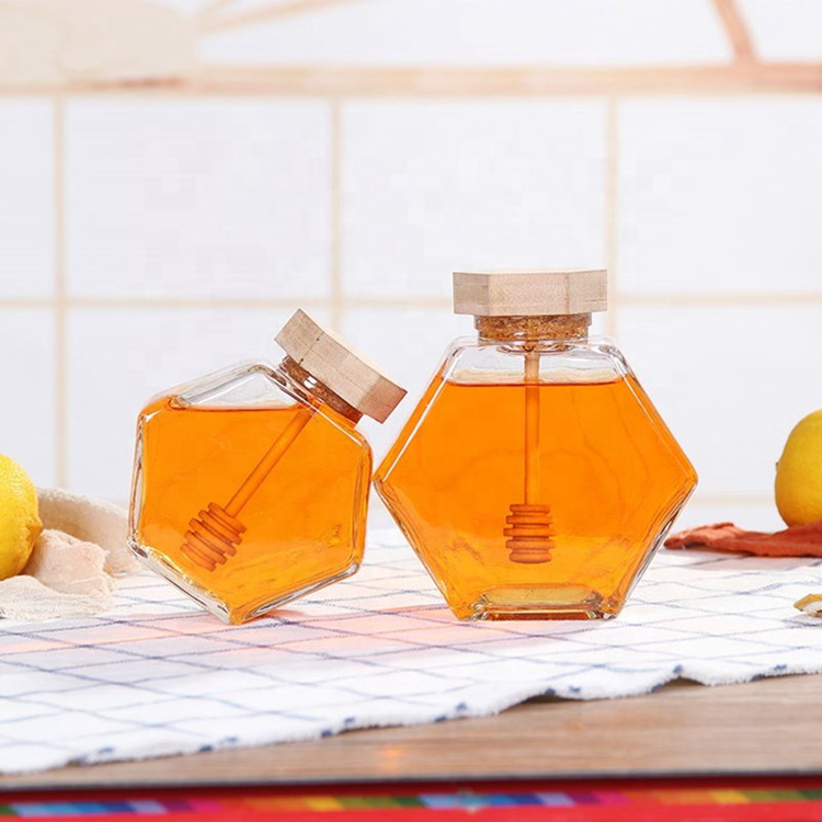 Clear 100ml 220ml 380ml hexagon glass honey pot jar storage bottle with wooden bamboo lid dipper bee