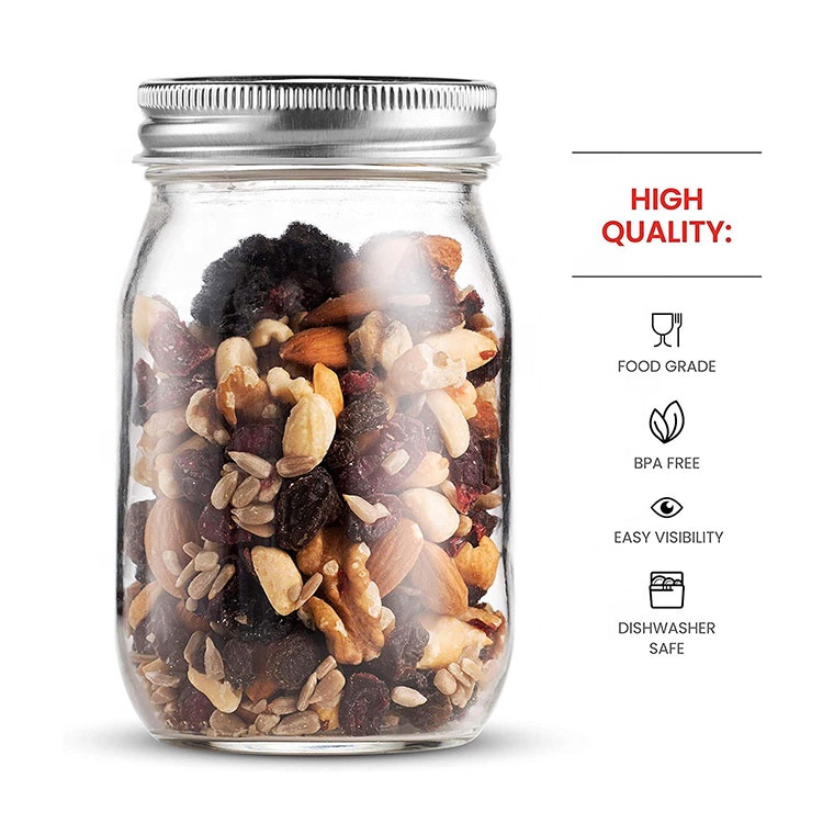 Clear 16oz 500ml Glass Mason Jar with Silver Metal Airtight Lids for Food Storage Canning