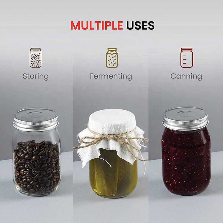 Clear 16oz 500ml Glass Mason Jar with Silver Metal Airtight Lids for Food Storage Canning