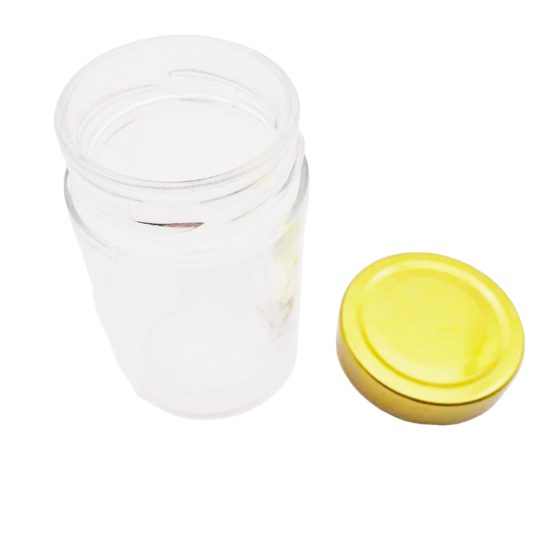 Clear 240ml cylindrical custom glass jars with high glod screw caps