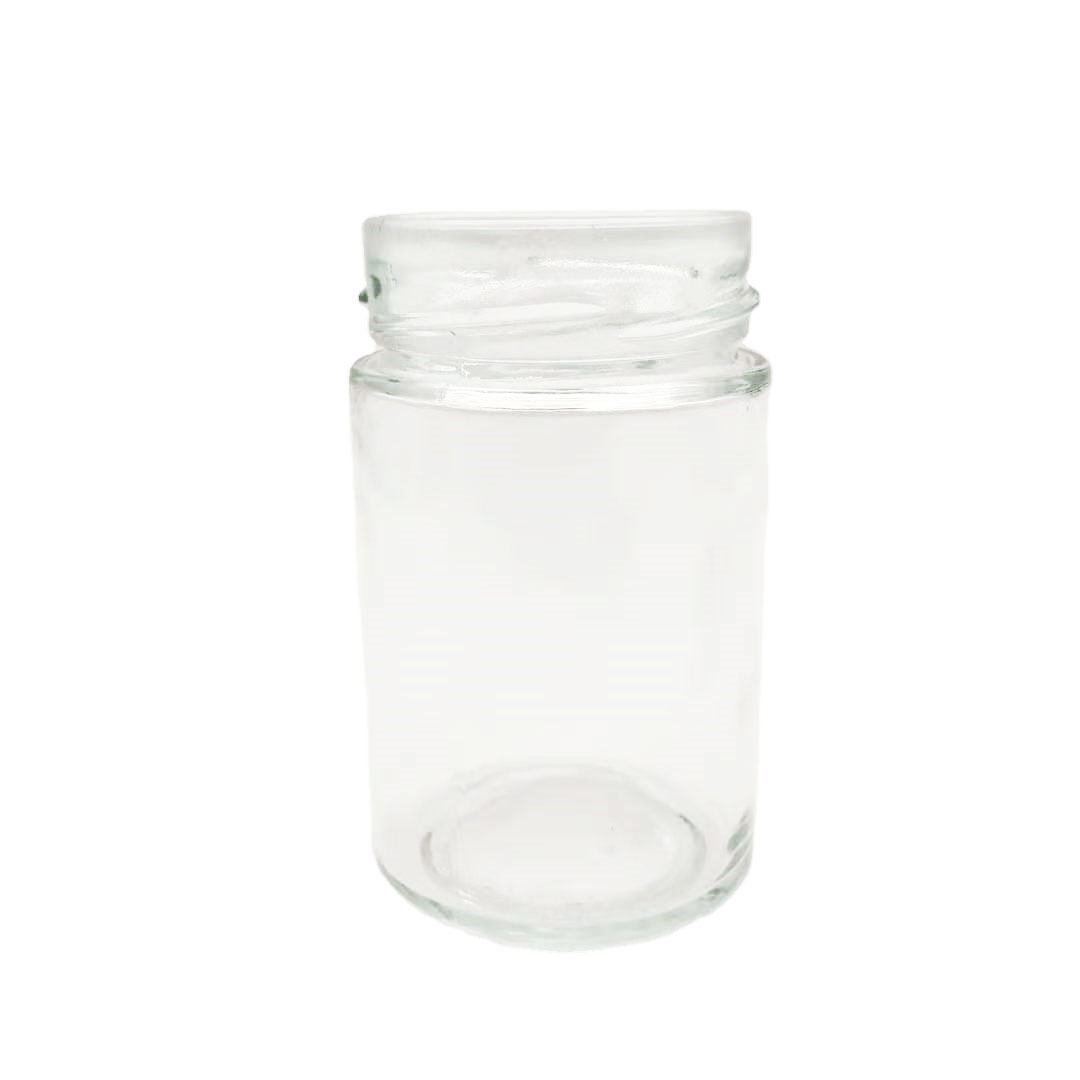 Clear 240ml cylindrical custom glass jars with high glod screw caps