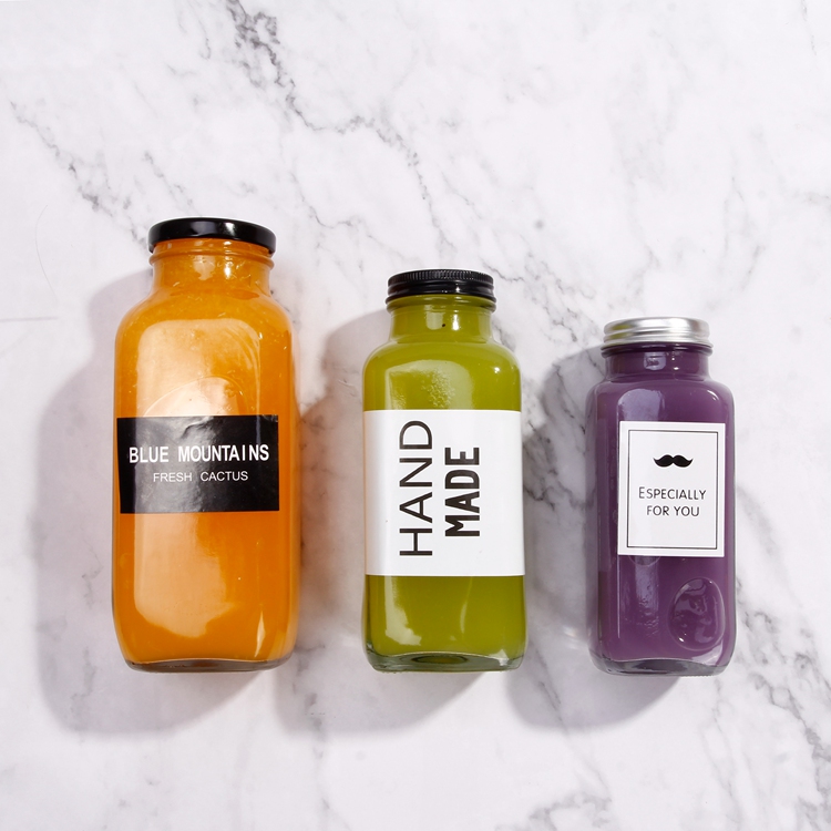 Clear 250ml 350ml 500ml French Square Juice Smoothie Kombucha Tea Glass Bottles with Alnuinum Lids for drinks