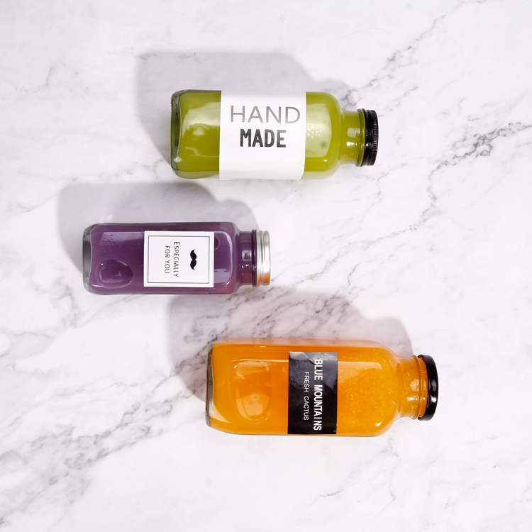 Clear 250ml 350ml 500ml French Square Juice Smoothie Kombucha Tea Glass Bottles with Alnuinum Lids for drinks