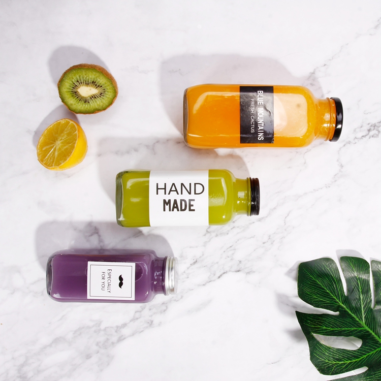 Clear 250ml 350ml 500ml French Square Juice Smoothie Kombucha Tea Glass Bottles with Alnuinum Lids for drinks