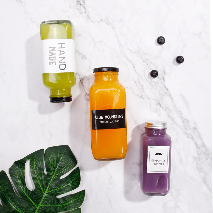 Clear 250ml 350ml 500ml French Square Juice Smoothie Kombucha Tea Glass Bottles with Alnuinum Lids for drinks