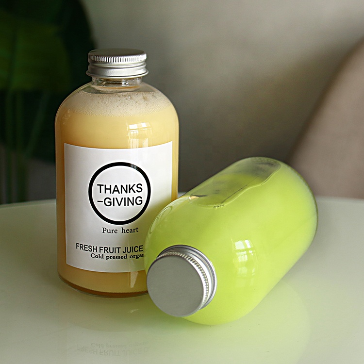 Clear 350ml 500ml Round Squat Glass Bottle With Metal Cap For Pressed Juice Bubble Tea