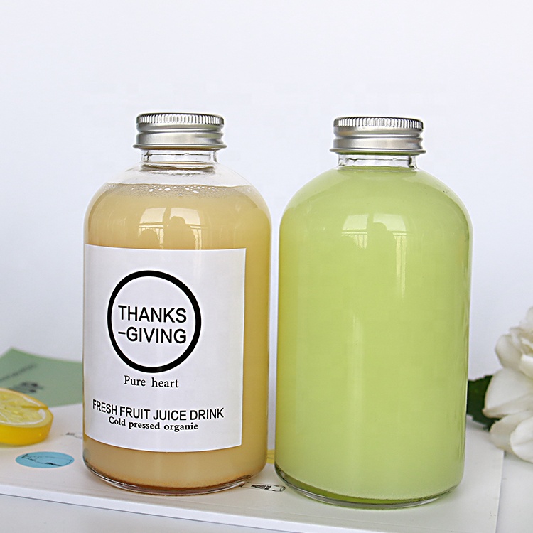 Clear 350ml 500ml Round Squat Glass Bottle With Metal Cap For Pressed Juice Bubble Tea
