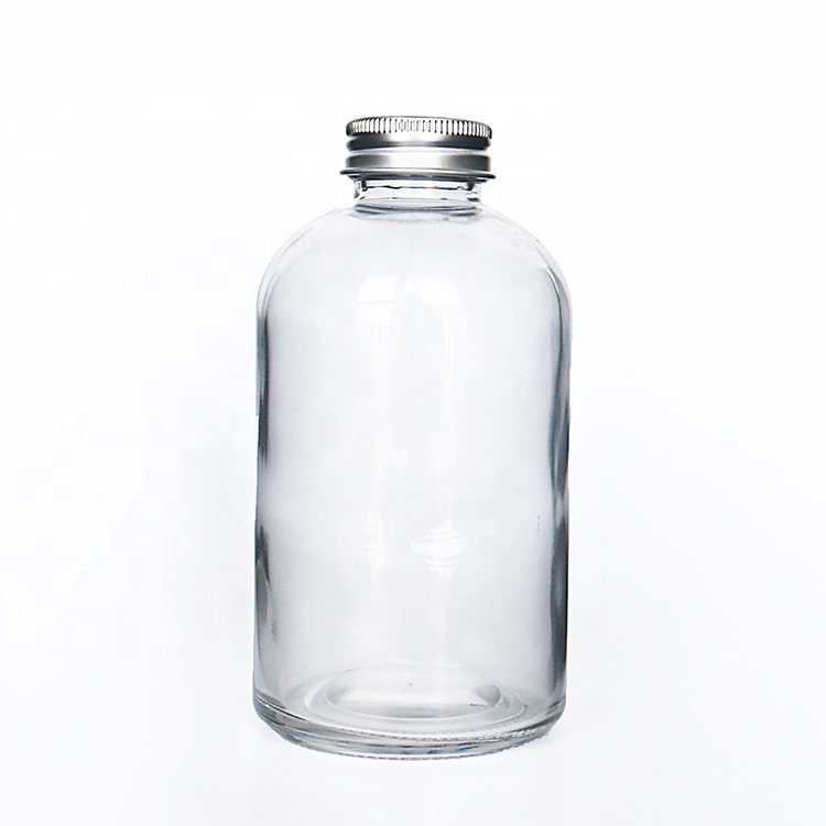 Clear 350ml 500ml Round Squat Glass Bottle With Metal Cap For Pressed Juice Bubble Tea