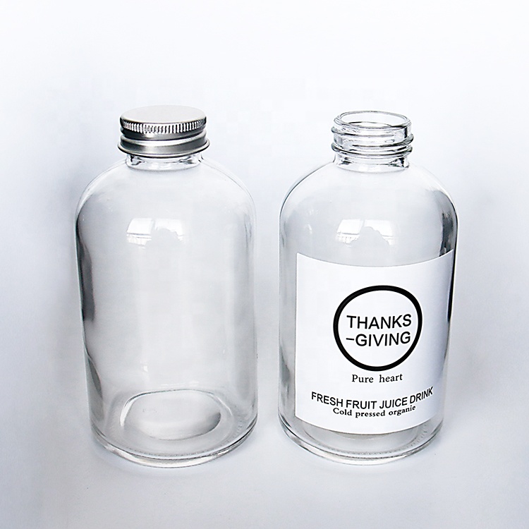 Clear 350ml 500ml Round Squat Glass Bottle With Metal Cap For Pressed Juice Bubble Tea